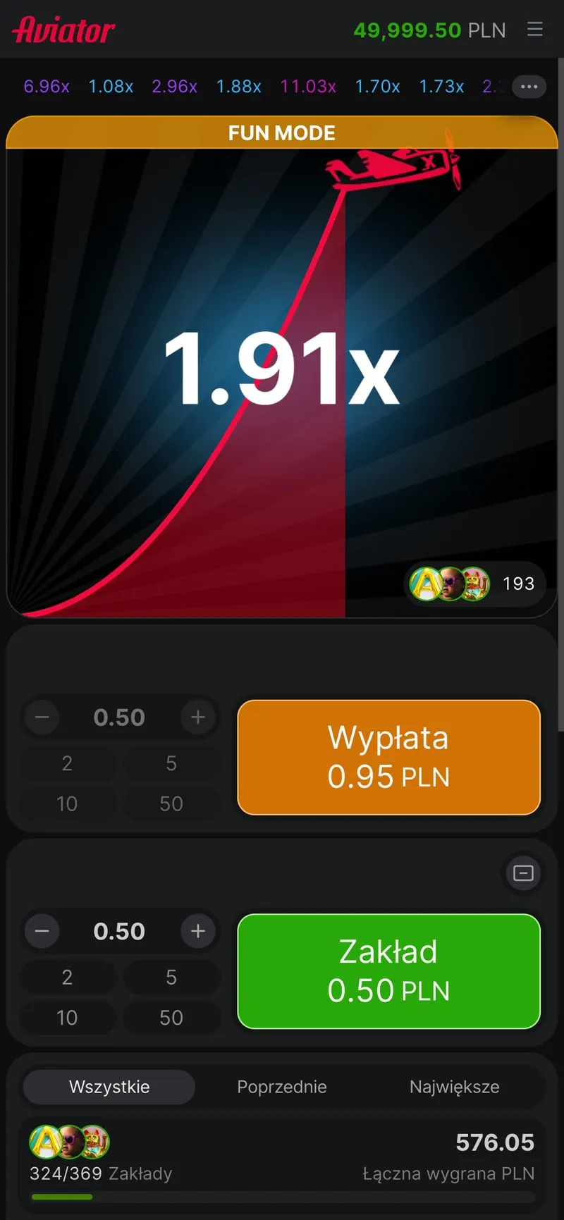 Aviator na ekranie telefonu: mnożnik 1.91×, czerwona krzywa i pomarańczowy przycisk „Wypłata 0.95 PLN”