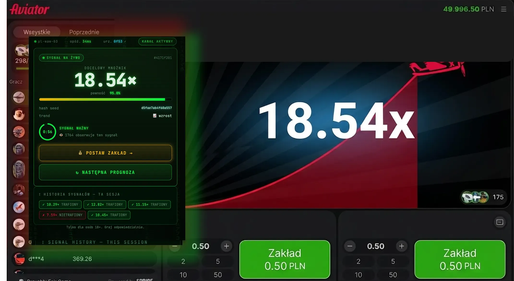 Aplikacja z sygnałem 18,54× nałożona na polski interfejs gry Aviator