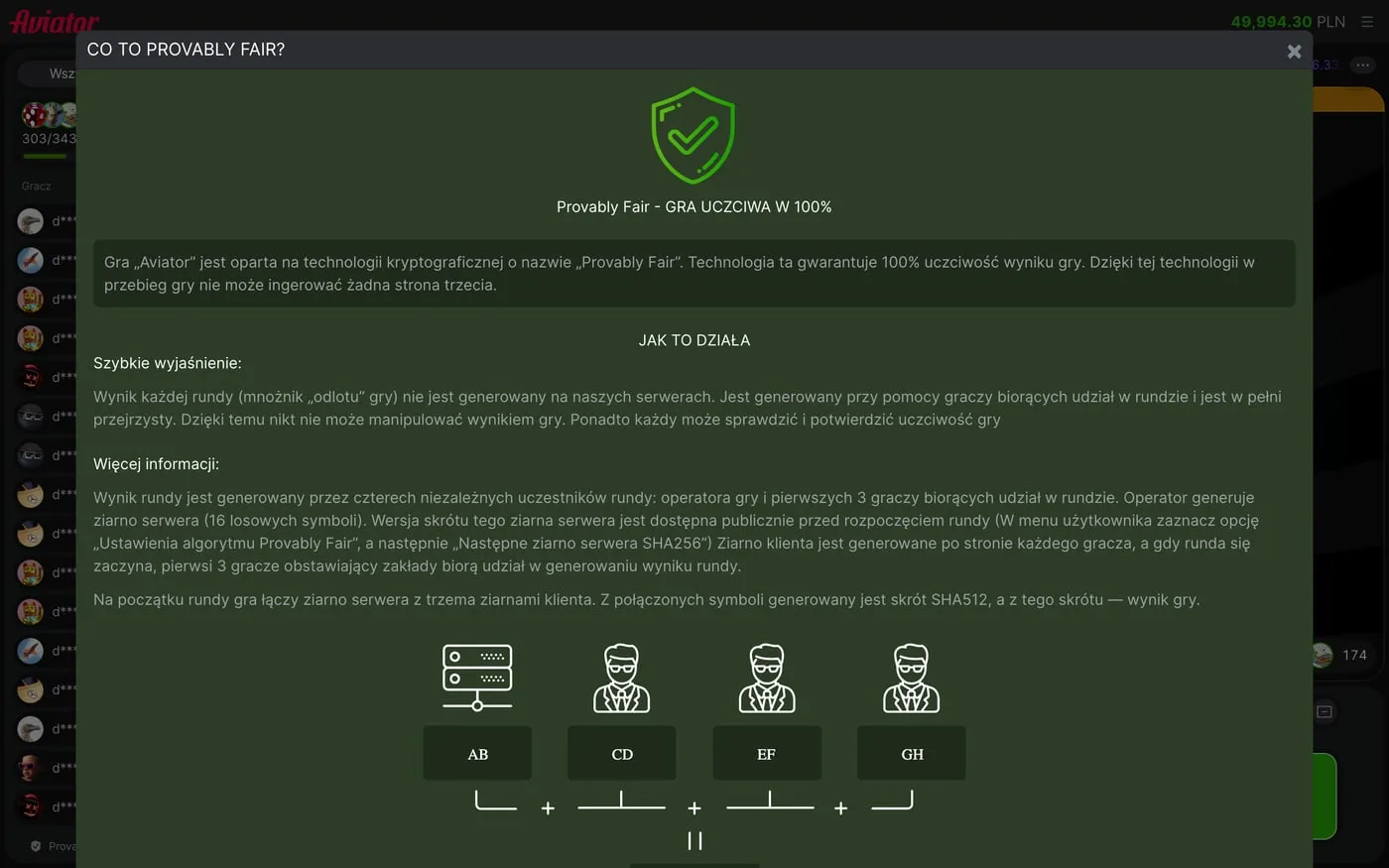 Okno „Co to Provably Fair?” w Aviatorze, wyjaśniające po polsku udział ziarna serwera i ziaren graczy